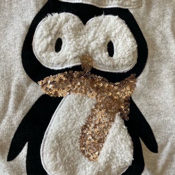 Light gray holiday sweater with adorable fuzzy penguin - Picture 2 of 3